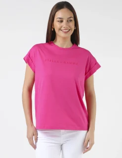 Cuff Sleeve T-Shirt - Cerise Pink Embroidered Logo