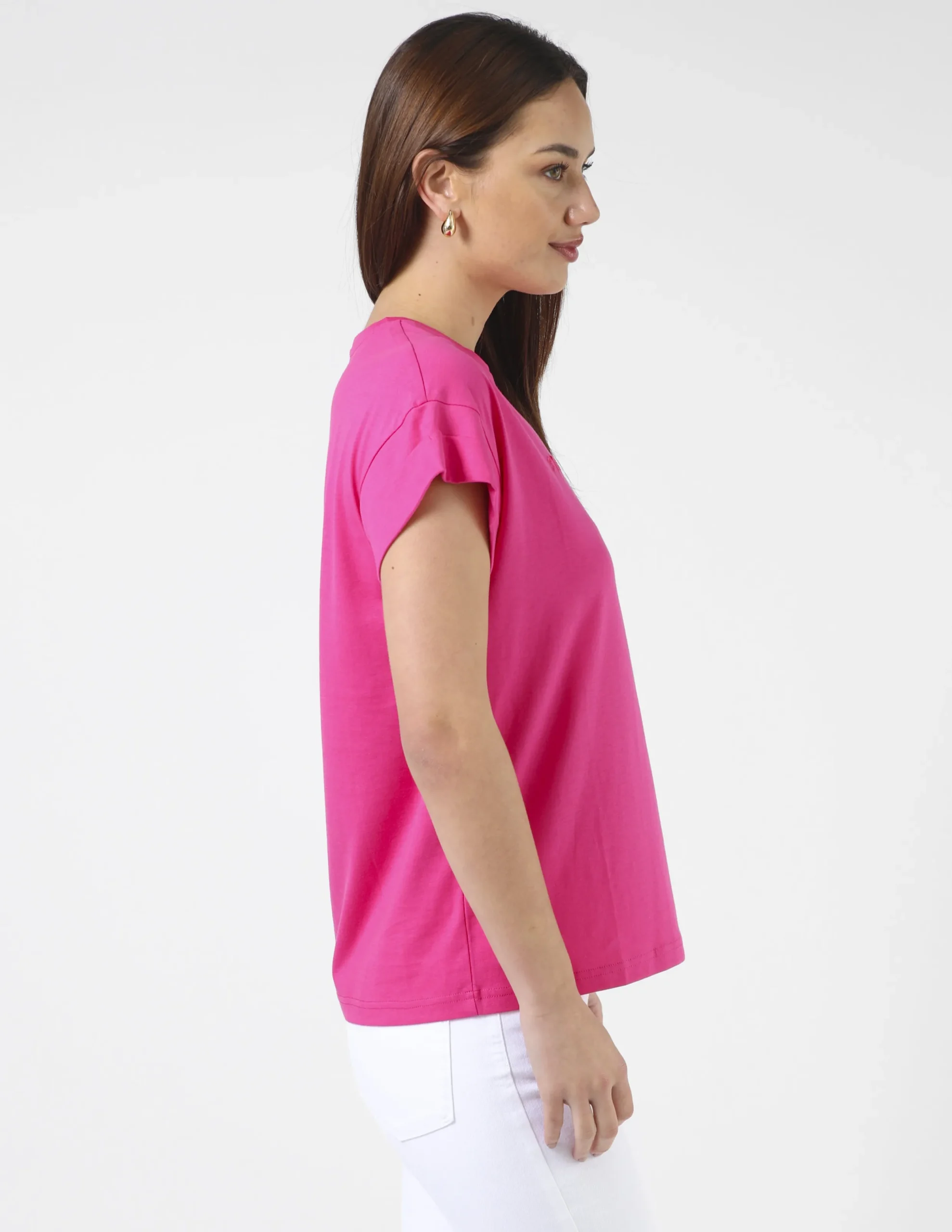 Cuff Sleeve T-Shirt - Cerise Pink Embroidered Logo