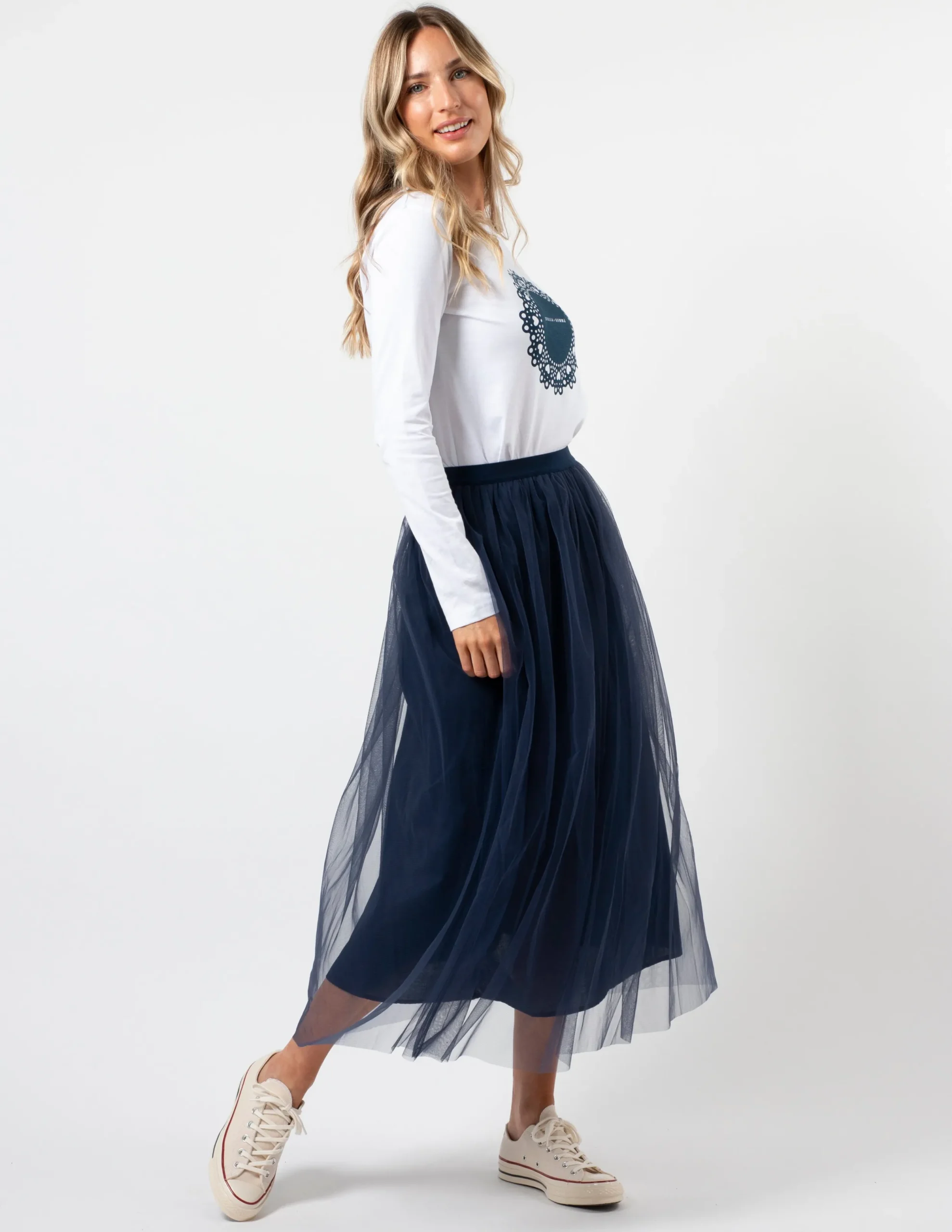 LS Tee - White with Navy Doily