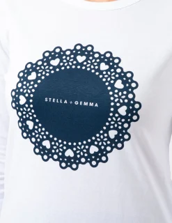 LS Tee - White with Navy Doily