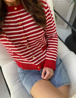 STELLA ESSENTIALS Navy Cardi - Red and White