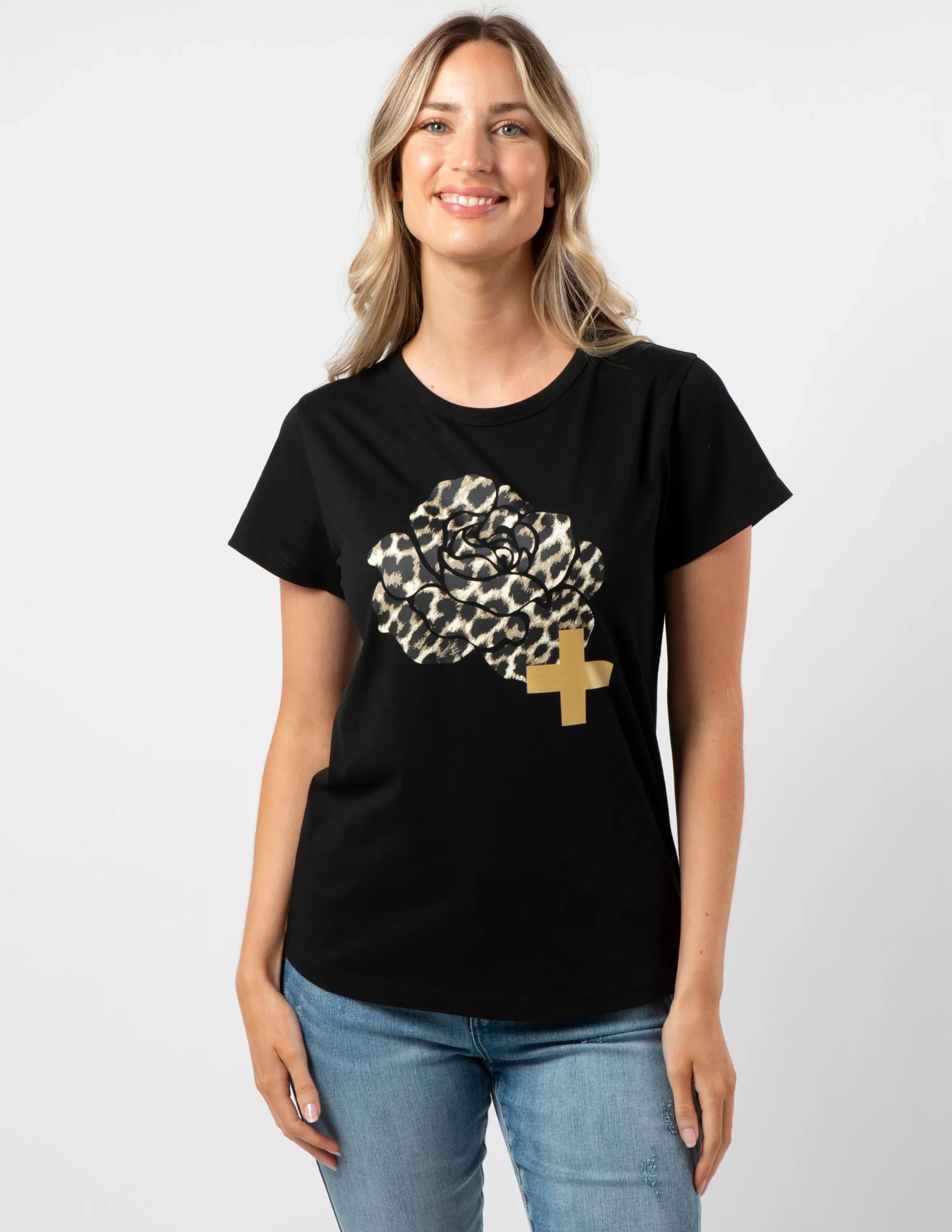 T-Shirt - Black with Leopard Rose