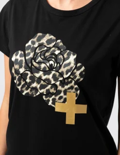 T-Shirt - Black with Leopard Rose
