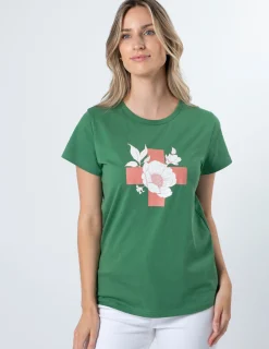 T-Shirt - Green Vintage Floral with Cross